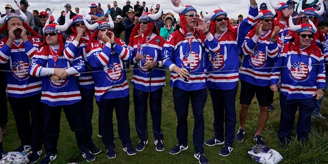 Fans cheer on the 11th hole during a practice day at the Ryder Cup at the Whistling Straits Golf Course Wednesday, Sett. 22, 2021, in Sheboygan, Wis. 