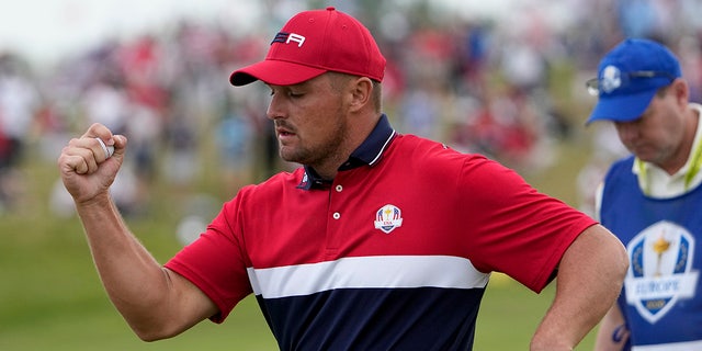 Team USA Bryson DeChambeau responds to his putt on the 11th hole during a Ryder Cup singles match at the Whistling Straits Golf Course on Sunday, September 26, 2021 in Sheboygan, Wis. 