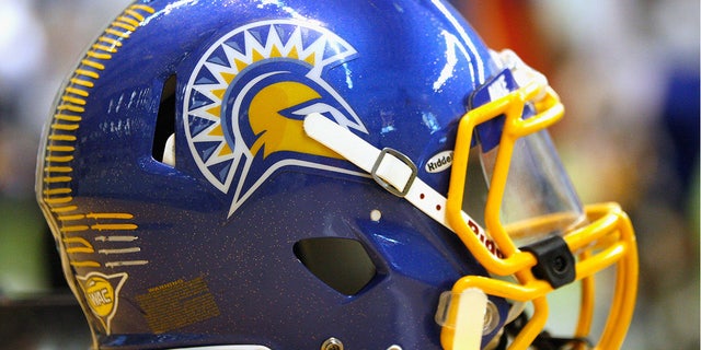 A San Jose State Spartans helmet on the sidelines during the game between the San Jose State Spartans and the Idaho Vandals at the Kibbie Dome on November 3, 2012 in Moscow, Idaho.