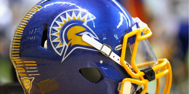 A San Jose State Spartans helmet on the sidelines during the game between the San Jose State Spartans and the Idaho Vandals at the Kibbie Dome on November 3, 2012 in Moscow, Idaho.
