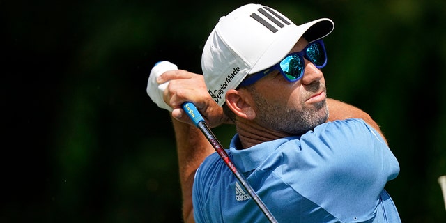 Sergio Garcia hits on the second tee during the first round of the Tour Championship golf tournament Sept. 2, 2021, at East Lake Golf Club in Atlanta. 
