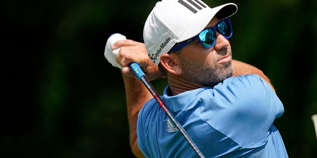 Sergio Garcia hits on the second tee during the first round of the Tour Championship golf tournament Sept. 2, 2021, at East Lake Golf Club in Atlanta. 