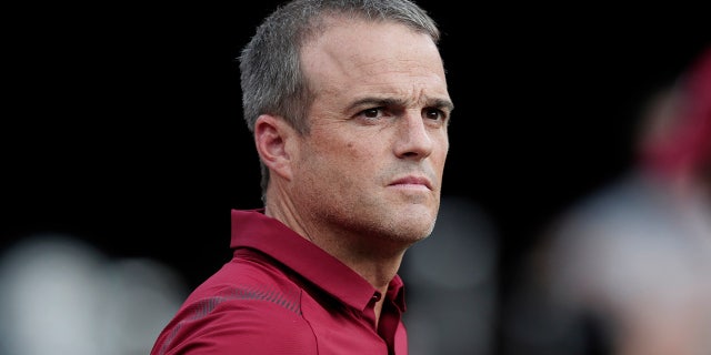 South Carolina coach Shane Beamer watches team prepare for an NCAA college football game against Georgia on Saturday, Sept. 18, 2021, in Athens, Ga. (Joshua Boucher/The State via AP)