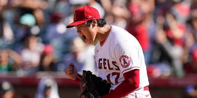 Los Angeles Angels starting pitcher Shohei Ohtani reacts after striking out Oakland Athletics' Matt Chapman Sept. 19, 2021, in Anaheim, California.