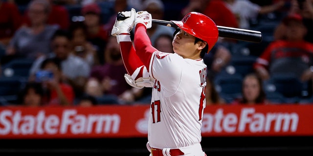 Los Angeles Angels striker Shohei Ohtani strikes during a game against the Texas Rangers in Anaheim, California, September 4, 2021. (Associated Press)