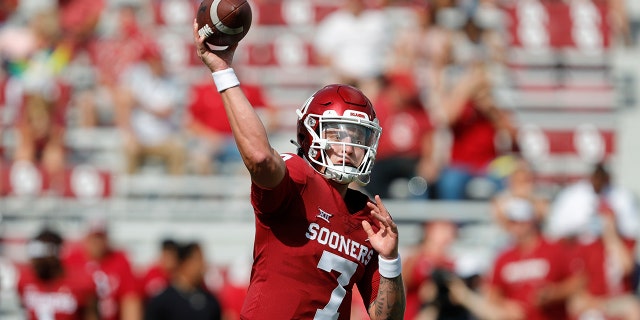 Oklahoma quarterback Spencer Rattler (7) throws a pass against Tulane during a NCAA college football game Saturday, Sept. 4, 2021, in Norman, Okla. (AP Photo/Alonzo Adams)