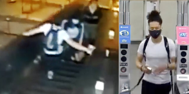 The suspect is seen kicking a woman on an escalator inside the Atlantic Ave-Barclays Center subway station in Brooklyn on Thursday. (NYPD)
