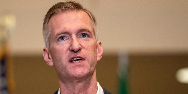 Portland Mayor Ted Wheeler speaks to the media at City Hall on Aug. 30, 2020 in Portland, Oregon. A man was fatally shot Saturday night as a Pro-Trump rally clashed with Black Lives Matter protesters in downtown Portland.
