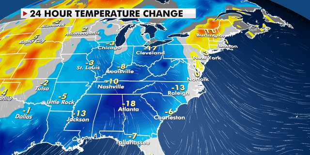 24-hour temperature change for the eastern U.S.