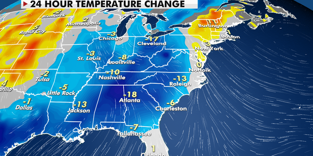 24-hour temperature change for the eastern U.S.