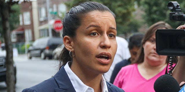 Tiffany Cabán speaking at a news conference in the Queens borough of New York City in 2019.