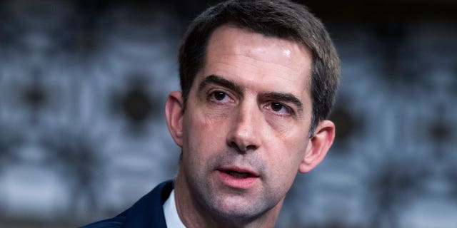 WASHINGTON, DC - APRIL 28: Sen. Tom Cotton, R-Ark., asks a question during the Senate Judiciary Committee confirmation hearing in Dirksen Senate Office Building on April 28, 2021 in Washington, DC. Ketanji Brown Jackson, nominee to be U.S. Circuit Judge for the District of Columbia Circuit, and Candace Jackson-Akiwumi, nominee to be U.S. Circuit Judge for the Seventh Circuit, testified on the first panel. (Photo By Tom Williams-Pool/Getty Images)