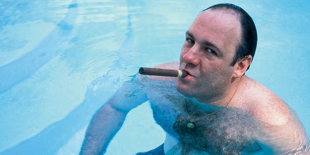 American actor James Gandolfini, as Tony Soprano, smokes a cigar while he stands in pool, in publicity still for the HBO cable TV series 'The Sopranos,' 1999.   
