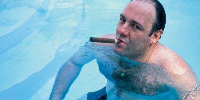 American actor James Gandolfini, as Tony Soprano, smokes a cigar while he stands in pool, in publicity still for the HBO cable TV series 'The Sopranos,' 1999.