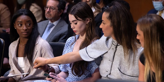 U.S. Olympic gymnasts Simone Biles, McKayla Maroney, Aly Raisman and Maggie Nichols arrive to testify during a Senate Judiciary hearing about the Inspector General's report on the FBI handling of the Larry Nassar investigation of sexual abuse of Olympic gymnasts, on Capitol Hill, in Washington, D.C., Sept. 15, 2021.