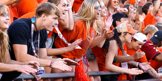 Virginia Tech Hokies fans cheer during the second quarter against the North Carolina Tar Heels at Lane Stadium.