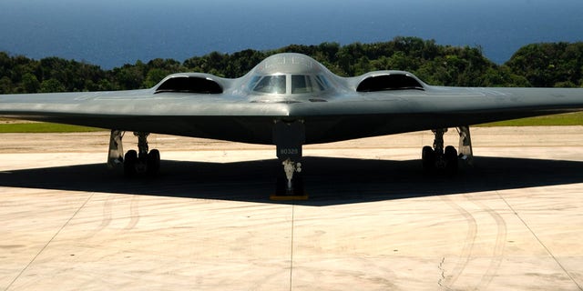 In this handout photo, A B-2 Spirit Stealth Bomber from the 393rd Expeditionary Bomb Squadron, Whiteman Air Force Base, MO, sits on the flightline.