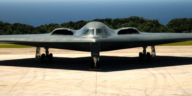 In this handout photo, A B-2 Spirit Stealth Bomber from the 393rd Expeditionary Bomb Squadron, Whiteman Air Force Base, MO, sits on the flightline.