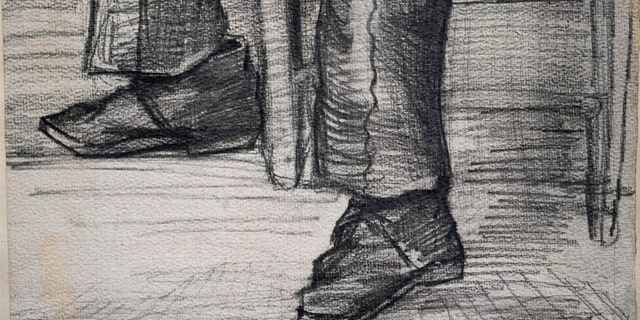 Detail of Study for "Worn Out", a drawing by Dutch master Vincent van Gogh, dated Nov. 1882, on public display for the first time at the Van Gogh Museum in Amsterdam, Netherlands, Thursday, Sept. 16, 2021.