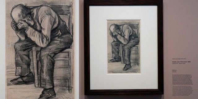 Study detail for "Exhausted", a drawing by Dutch master Vincent van Gogh, dated November 1882, first exhibited to the public at the Van Gogh Museum in Amsterdam, the Netherlands, on Thursday, September 16, 2021.