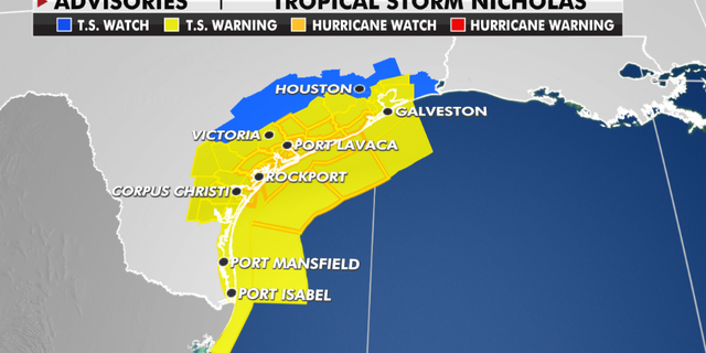 Weather advisories currently in effect as Tropical Storm Nicholas approaches Texas.
