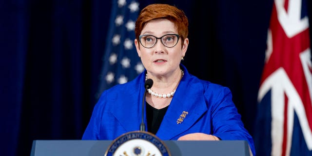 Australian Foreign Minister Marise Payne speaks at a press conference with Australian Defense Minister Peter Dutton, Secretary of State Antony Blinken and Secretary of Defense Lloyd Austin at the State Department in Washington.  Australia said on Saturday (September 18) that it regretted France's decision to recall its ambassador following the surprise cancellation of a submarine contract.  (AP Photo / Andrew Harnik, file)
