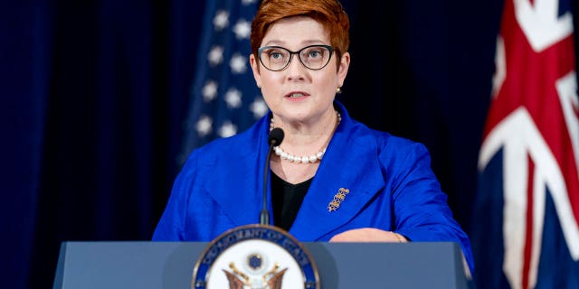 Australian Foreign Minister Marise Payne speaks during a news conference with Australian Minister of Defense Peter Dutton, Secretary of State Antony Blinken, and Defense Secretary Lloyd Austin at the State Department in Washington. Australia said on Saturday, Sept. 18, it regretted France’s decision to recall its ambassador over the surprise cancellation of a submarine contract. (AP Photo/Andrew Harnik, File)