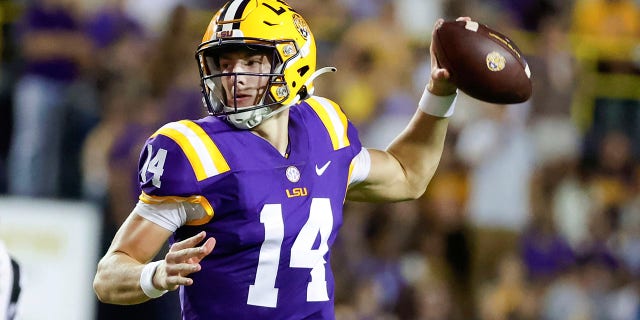 LSU quarterback Max Johnson throws a pass against Central Michigan during the second quarter of an NCAA college football game in Baton Rouge, La,. Saturday, Sept. 18, 2021.