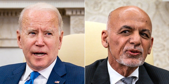 WASHINGTON, DC - JUNE 25: U.S. President Joe Biden makes brief remarks while hosting Afghanistan President Ashraf Ghani and Dr. Abdullah Abdullah, Chairman of the High Council for National Reconciliation, in the Oval Office at the White House June 25, 2021 in Washington, DC. Biden announced in April that he was pulling all U.S. forces from Afghanistan and ending America’s longest war by September 11. (Photo by Pete Marovich-Pool/Getty Images) __ WASHINGTON, DC - JUNE 25: Afghanistan President Ashraf Ghani makes brief remarks during a meeting with U.S. President Joe Biden and Dr. Abdullah Abdullah, Chairman of the High Council for National Reconciliation, in the Oval Office at the White House June 25, 2021 in Washington, DC. Biden announced in April that he was pulling all U.S. forces from Afghanistan and ending America’s longest war by September 11. (Photo by Pete Marovich-Pool/Getty Images)