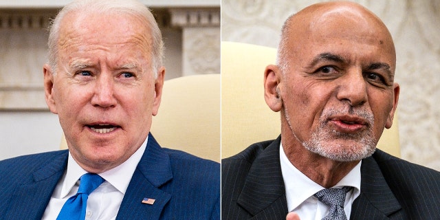 WASHINGTON, DC - JUNE 25: U.S. President Joe Biden makes brief remarks while hosting Afghanistan President Ashraf Ghani and Dr. Abdullah Abdullah, Chairman of the High Council for National Reconciliation, in the Oval Office at the White House June 25, 2021 in Washington, DC. Biden announced in April that he was pulling all U.S. forces from Afghanistan and ending America’s longest war by September 11. (Photo by Pete Marovich-Pool/Getty Images) __ WASHINGTON, DC - JUNE 25: Afghanistan President Ashraf Ghani makes brief remarks during a meeting with U.S. President Joe Biden and Dr. Abdullah Abdullah, Chairman of the High Council for National Reconciliation, in the Oval Office at the White House June 25, 2021 in Washington, DC. Biden announced in April that he was pulling all U.S. forces from Afghanistan and ending America’s longest war by September 11. (Photo by Pete Marovich-Pool/Getty Images)