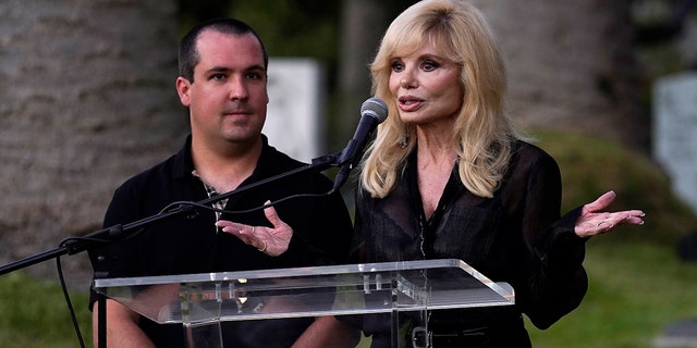 Actress Loni Anderson and her son Quinton Reynolds speak before the unveiling of a memorial sculpture of her former husband and Quinton's father, the late actor Burt Reynolds.