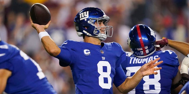 New York Giants quarterback Daniel Jones (8) throws the ball during the first half of an NFL football game against the Washington Football Team, Thursday, Sept. 16, 2021, in Landover, Md. 