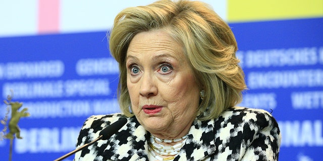 Former Secretary of State Hillary Clinton speaks during a press conference ahead of the screening of a movie "Hillary" in Berlin, Germany, on Feb. 25, 2020.