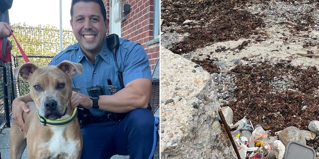 Massachusetts State Trooper Carlo Mastromattei and Killer are pictured left at Ocean View Kennels in Revere, where the dog is being cared for. The piece of rebar on the shore where the dog was found chained is pictured right.