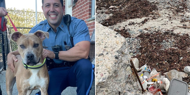 Massachusetts State Trooper Carlo Mastromattei and Killer are pictured left at Ocean View Kennels in Revere, where the dog is being cared for. The piece of rebar on the shore where the dog was found chained is pictured right.