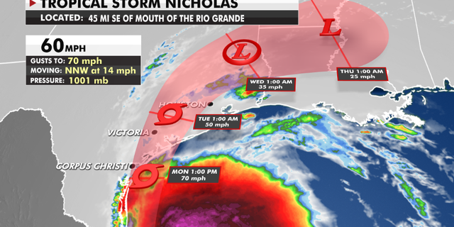 The current track of Tropical Storm Nicholas.