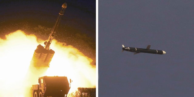 This combination of photos provided by the North Korean government on Monday shows long-range cruise missile tests being held on Sept. 11-12, 2021 in an undisclosed location of North Korea.  