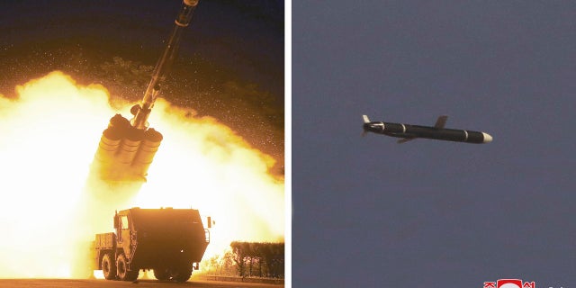 This combination of photos provided by the North Korean government on Monday shows long-range cruise missile tests being held on Sept. 11-12, 2021 in an undisclosed location of North Korea.
