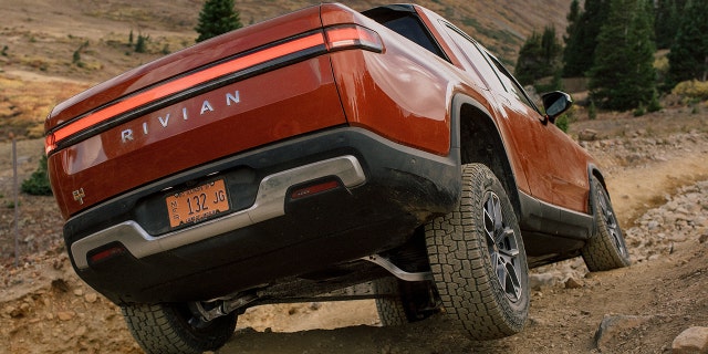 The Rivian R1T's air suspension can raise and lower the ride height.