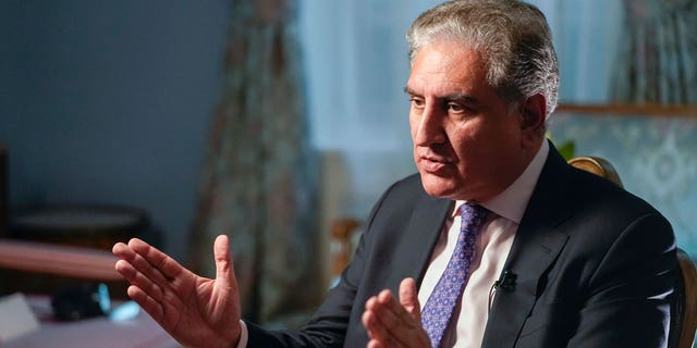 Pakistan's Foreign Minister Shah Mehmood Qureshi speaks during an interview with The Associated Press, Wednesday, Sept. 22, 2021, in New York. (AP Photo/Mary Altaffer)