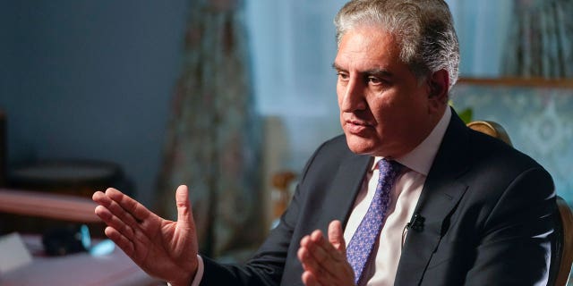 Pakistan's Foreign Minister Shah Mehmood Qureshi speaks during an interview with The Associated Press, Wednesday, Sept. 22, 2021, in New York. (AP Photo/Mary Altaffer)