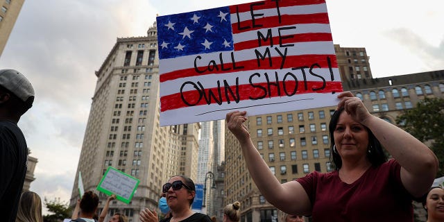 NEW YORK, NY - SEPTEMBER 13: Hundreds are gathered at the Foley Square as "Freedom Rally" to protest vaccination mandate in New York City, United States on September 13, 2021. (Photo by Tayfun Coskun/Anadolu Agency via Getty Images)