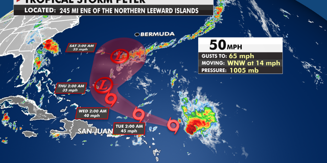 The current path of Tropical Storm Peter.
