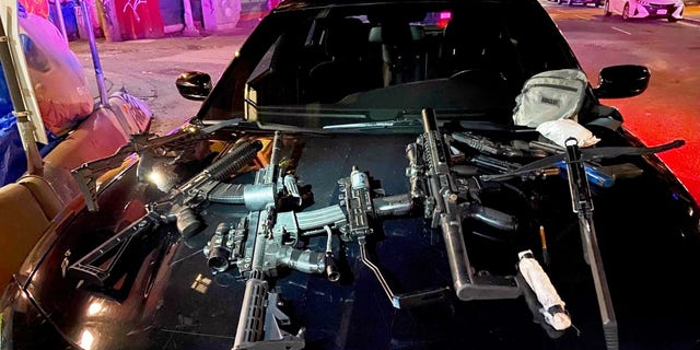 A weapons cache confiscated by police officers Friday night. Vancouver Police are investigating another random attack on a homeless man, who was shot with an arrow that someone fired from a Downtown Eastside building last night.