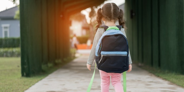 A young student wearing a backpack walks to school. Students should carry a lighter pack, use both shoulder straps and select a backpack with wide shoulder straps, one doctor told Fox News Digital. 