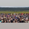 People gather as President Trump speaks on Sept. 11, 2018, at the site of a new memorial in Shanksville, Pa., where Flight 93 crashed during the September 11 attacks, as somber ceremonies take place at Ground Zero in New York and at the Pentagon. (NICHOLAS KAMM/AFP via Getty Images)