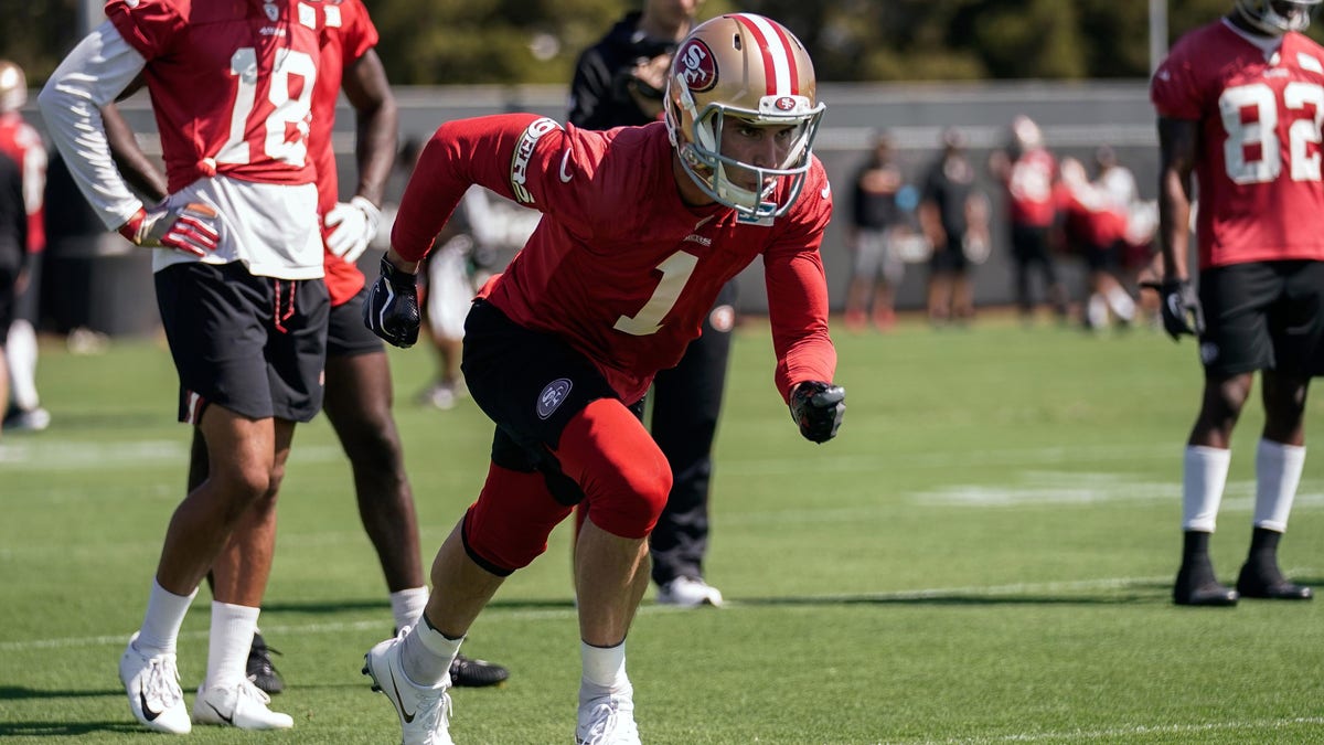 Jul 26, 2018; Santa Clara, CA, USA; San Francisco 49ers wide receiver Max McCaffrey (1) warms up during training camp at the SAP Performance Facility. Mandatory Credit: Stan Szeto-USA TODAY Sports