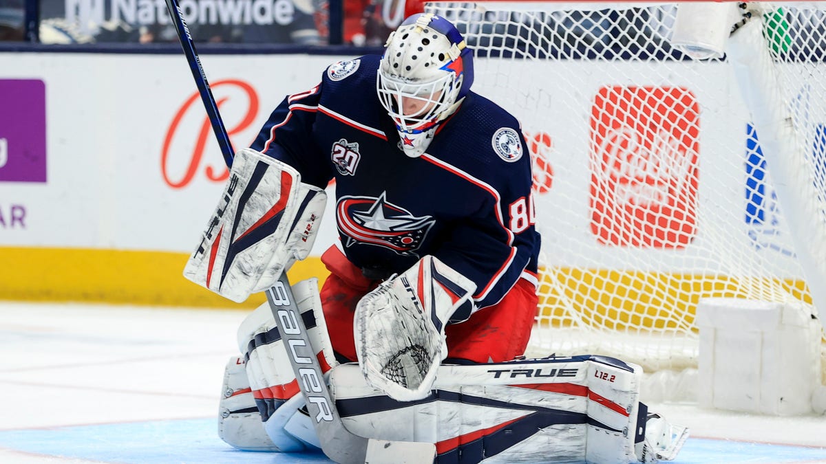 May 8, 2021; Columbus, Ohio, USA; Columbus Blue Jackets goaltender Matiss Kivlenieks (80) makes a save in net against the Detroit Red Wings in the second period at Nationwide Arena. Mandatory Credit: Aaron Doster-USA TODAY Sports