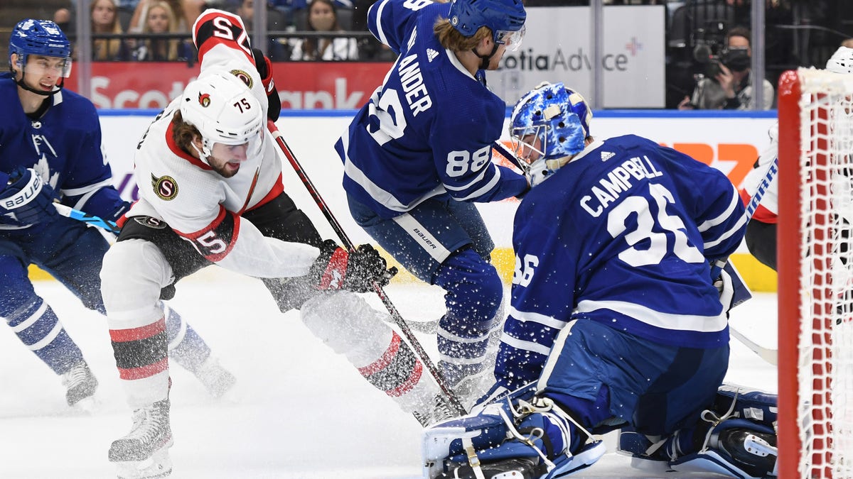Toronto Maple Leafs goalie Jack Campbell (36) makes a save on Ottawa Senators forward Egor Sokolov (75) in the first period Oct. 9, 2021, at Scotiabank Arena in Toronto.
