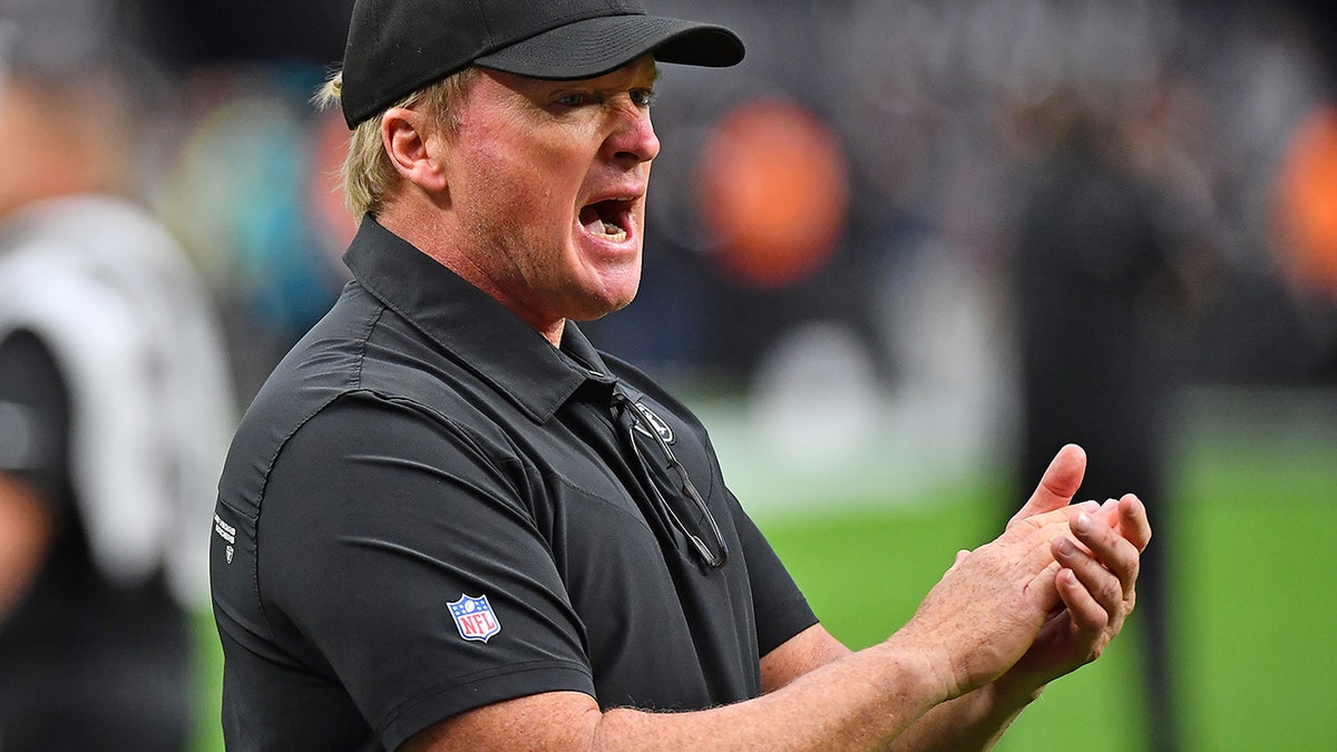 Oct 10, 2021; Paradise, Nevada, USA; Las Vegas Raiders head coach John Gruden is pictured before the start of a game against the Chicago Bears at Allegiant Stadium.